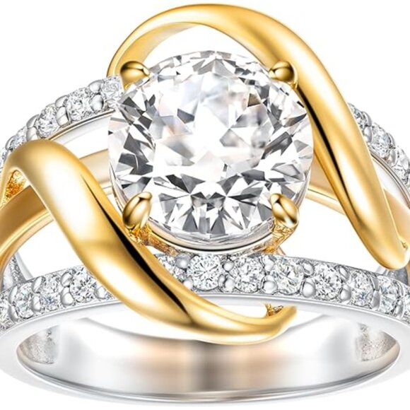 4Ct 925 Sterling Silver Round CZ Two tone Bow Solitaire Engagement Ring